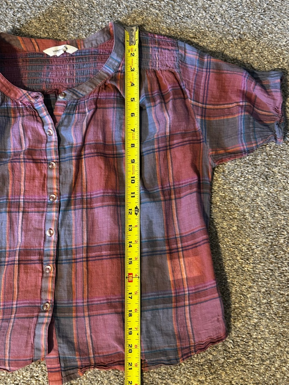 Lucky Brand Plaid Peasant Blouse XS Boho Smocked Yoke Cotton Short Sleeve Top - Picture 8 of 8